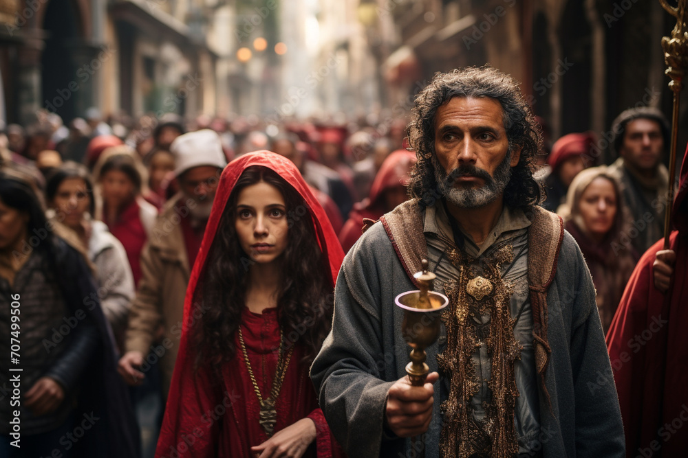 A solemn Catholic procession during Holy Week, with participants carrying religious symbols and statues through the streets, creating a powerful display of faith and reverence.