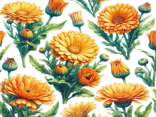  watercolor illustrations of Calendula officinalis L., depicted in a seamless pattern. These images highlight the unique details and delicate presentation of the plant.