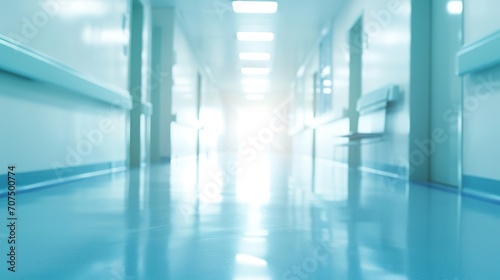 abstract blurred of hospital corridor blue color background concept., flare light background