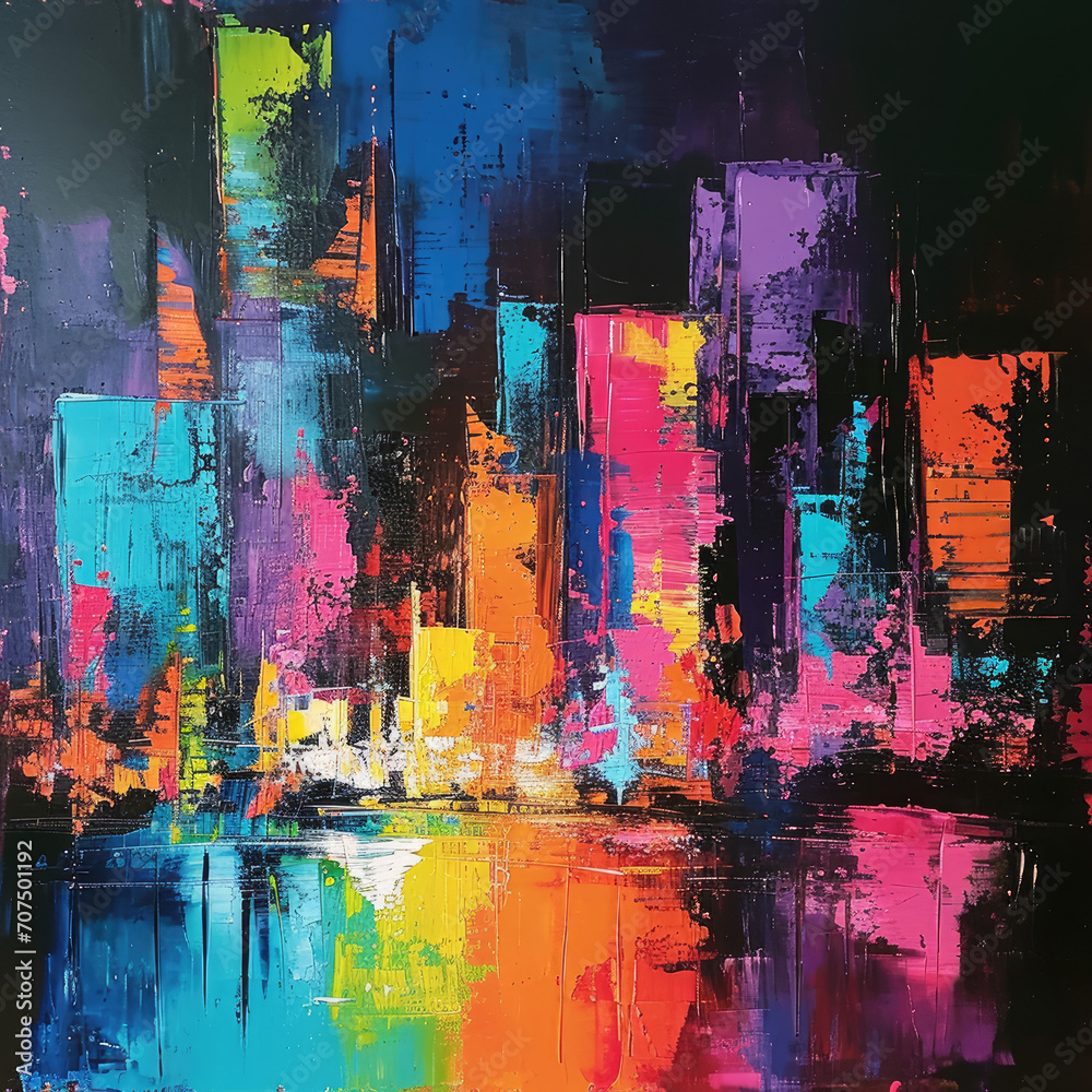 Abstract City Life: Vibrant Cityscape Painting
