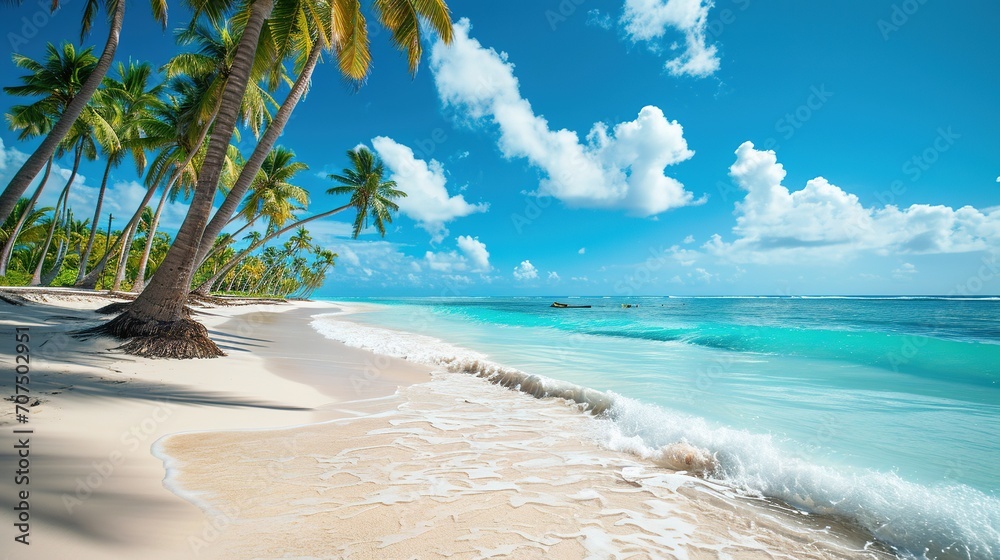 beach in Punta Cana, Dominican Republic. Vacation holidays background wallpaper. View of nice tropical beach - obrazy, fototapety, plakaty 