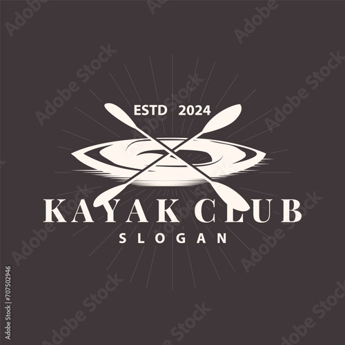 Kayak logo canoe paddle wild adventure river design vector illustration vintage style