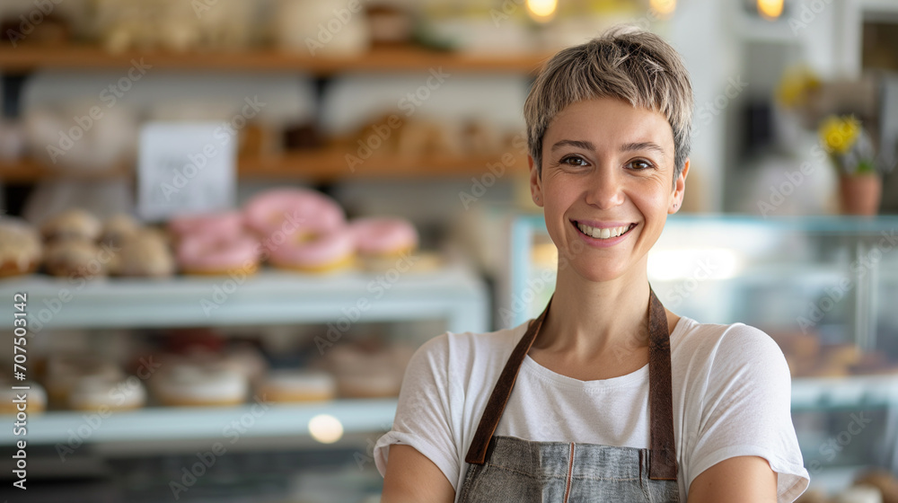 Smiling woman posing at a doughnut shop looking at the camera