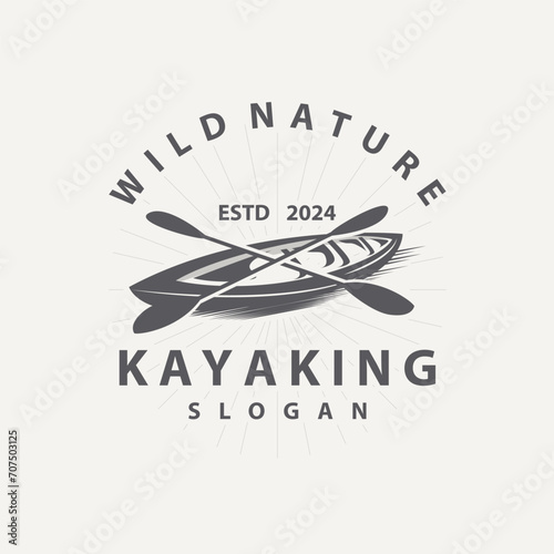 Kayak logo canoe paddle wild adventure river design vector illustration vintage style