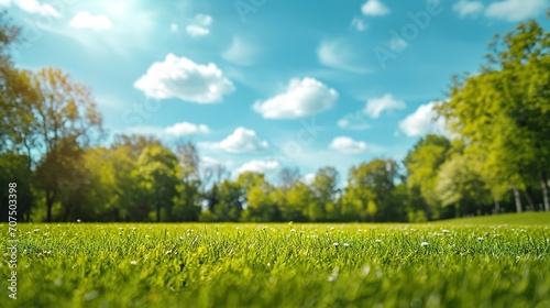 Beautiful blurred background image of spring nature with a neatly trimmed lawn surrounded © INK ART BACKGROUND