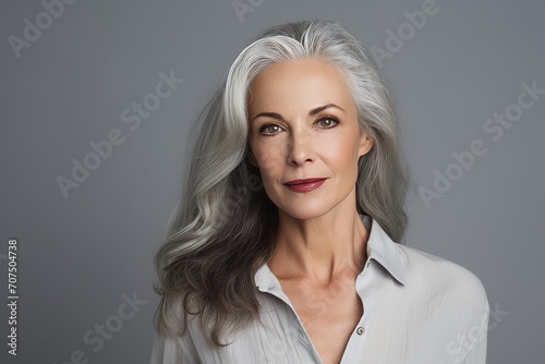 Portrait of a beautiful mature woman with gray hair and makeup.