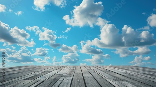 blue sky with clouds and wood planks floor background