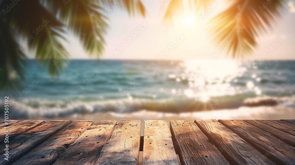 Blur tropical beach with bokeh sun light wave and palm tree on copy space empty old wood table abstract background
