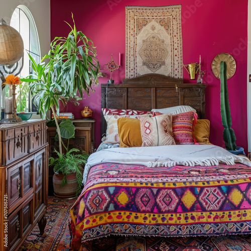 Bohemian Chic: A Magenta-Walled Guest Room with Eclectic Decor