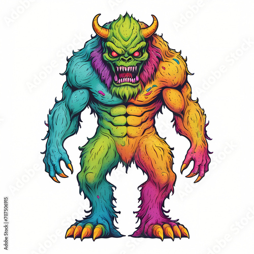 Mystical full body angry monster character standing facing forward. Graphic design for mascot  t shirt  banner  cover  tattoo. Digital asset ready to print.