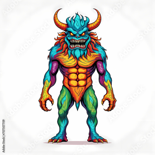 Mystical full body angry monster character standing facing forward. Graphic design for mascot, t shirt, banner, cover, tattoo. Digital asset ready to print.