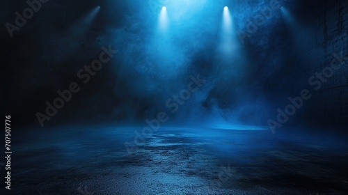 Dark empty street, dark blue background, an empty dark scene, neon light, spotlights The asphalt floor and studio room with smoke float up the interior texture photo