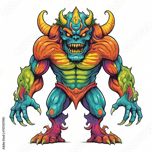 Mystical full body angry monster character standing facing forward. Graphic design for mascot, t shirt, banner, cover, tattoo. Digital asset ready to print.