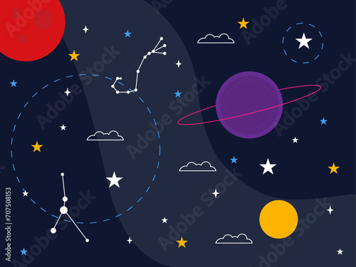 Universe with planet and stars. Outer space and astronaut vector illustrations. photo