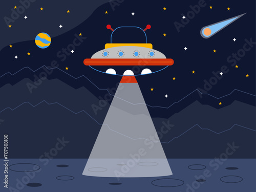 UFO will land on planet. Outer space and astronaut vector illustrations. photo