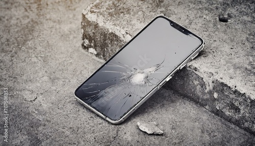 Broken smartphone mockup on concrete floor