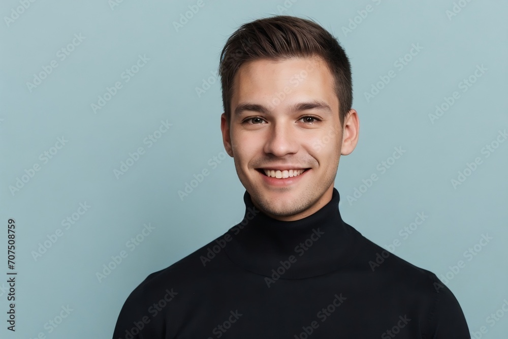 A handsome man wearing a black turtleneck sweater standing against the blue background. A handsome man wearing a black turtleneck sweater standing against the blue background.