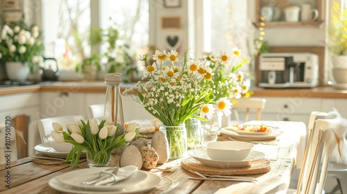 Easter table with spring flowers in a sunny April kitchen    --ar 16 9 --v 6 Job ID  8e619055-558d-48ad-8c1e-4e7c14f62e34