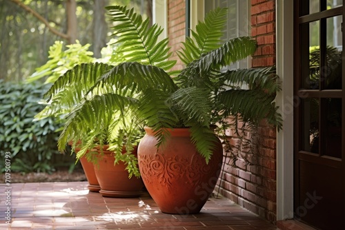 Ferns in a terracotta pot on a porch.