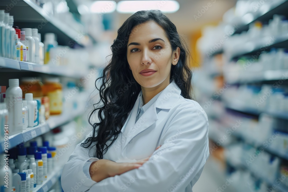 Female pharmacist standing confidently among the pharmacy shelves, her knowledgeable gaze and professional stance assuring customers of her expertise as she looks into the camera.