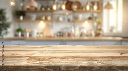 Empty beautiful wood table top counter and blur bokeh modern kitchen interior background in clean and bright