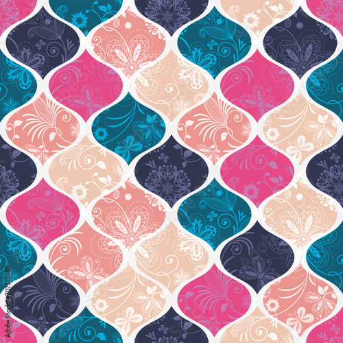Seamless geometric pattern of shapes with floral vintage pattern in retro colors. Vector image