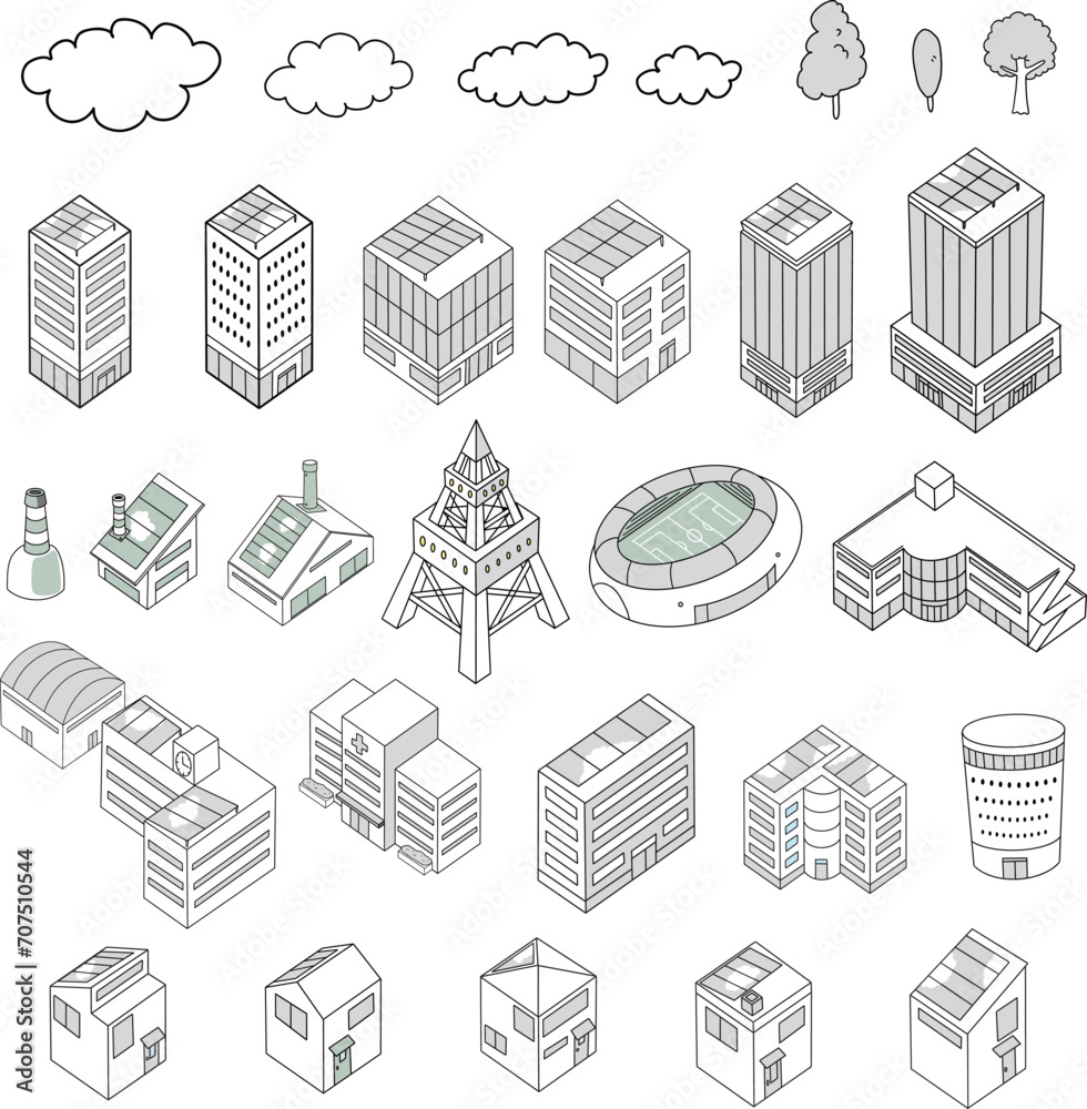 Fototapeta premium アイソメトリック・建物の立体イラストセット(モノクロ)