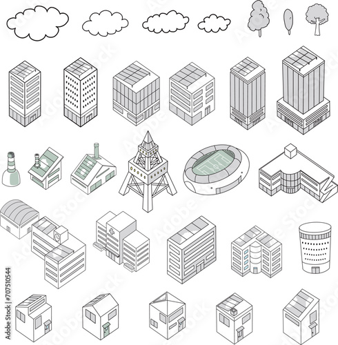 アイソメトリック・建物の立体イラストセット（モノクロ）