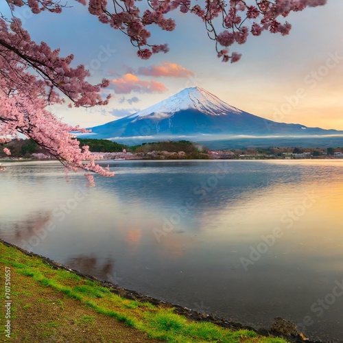 富士山と桜と湖