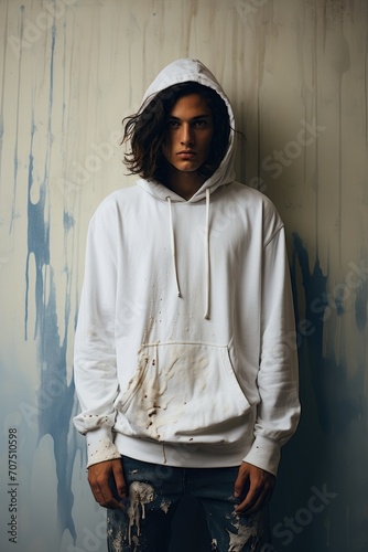 Man Standing in Front of Wall Wearing White Hoodie