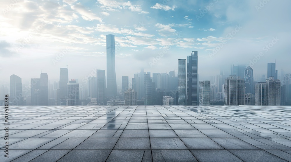 Fototapeta premium Empty square floor and city skyline with building background