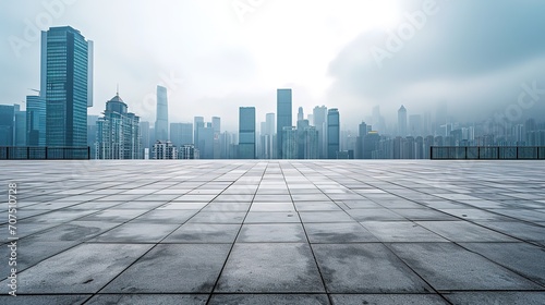 Empty square floor and city skyline with building background