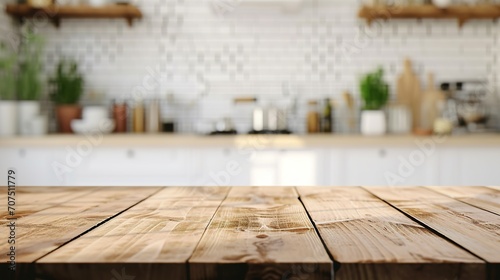Empty wooden table and blurred kitchen background  product display