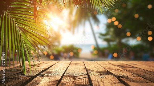 Empty wooden table and palm leaves with party on beach blurred background