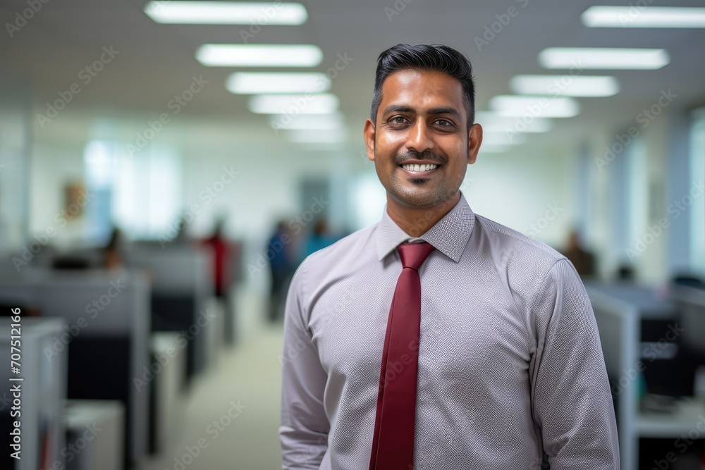 Fototapeta premium Businessman Standing in Office Wearing Dress Shirt and Tie