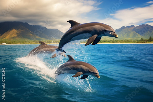 Cute dolphins jumping over breaking waves © Salawati