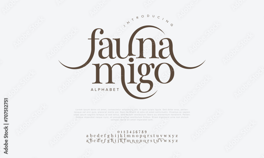 Faunamigo premium luxury elegant alphabet letters and numbers. Elegant wedding typography classic serif font decorative vintage retro. Creative vector illustration - obrazy, fototapety, plakaty 