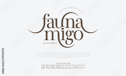 Faunamigo premium luxury elegant alphabet letters and numbers. Elegant wedding typography classic serif font decorative vintage retro. Creative vector illustration