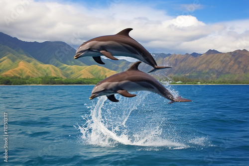 Cute dolphins jumping over breaking waves photo