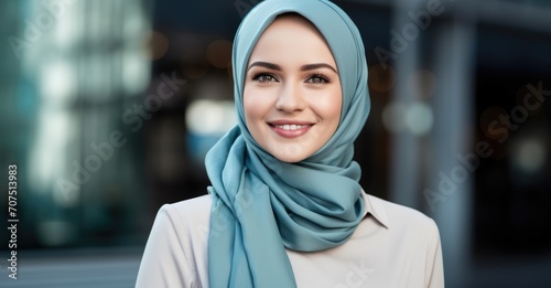 Smiling Woman Wearing Headscarf Faces Camera With Warmth and Confidence © pham