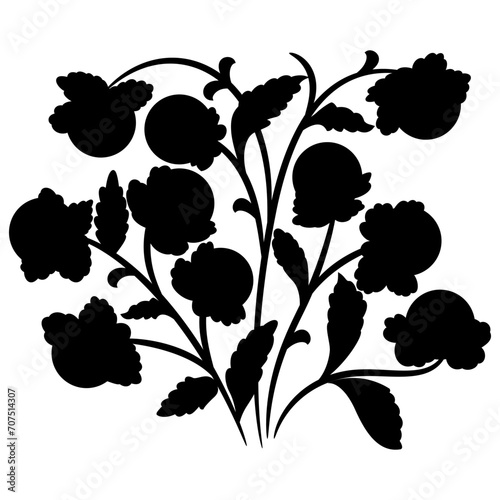 Fantastic plant with blooming flowers  fruits or berries. Folk style. Black silhouette on white background.
