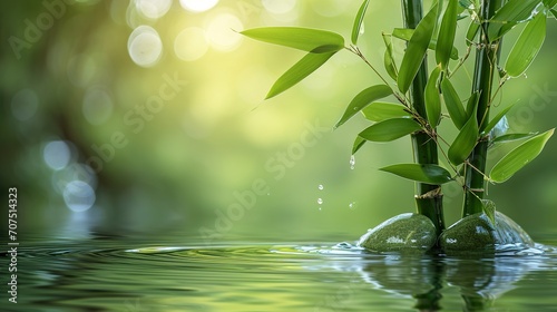 Green fresh spa background with water and bamboo plant, beautiful nature scene wallpaper decoration concept with asian spirit