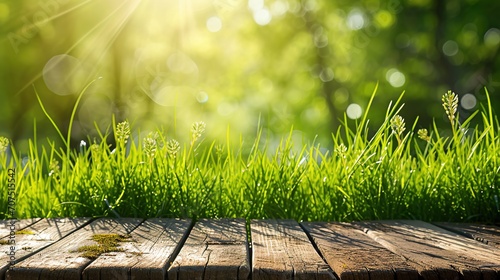 green spring background panorama with grass in front of a wooden table for a concept