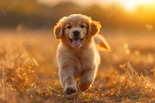 Cute Golden Retriever Puppy Running in a Field at Sunset