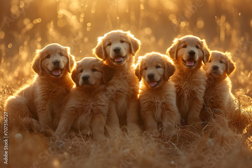 Group of Cute Golden Retrievers Looking at the Sunlight