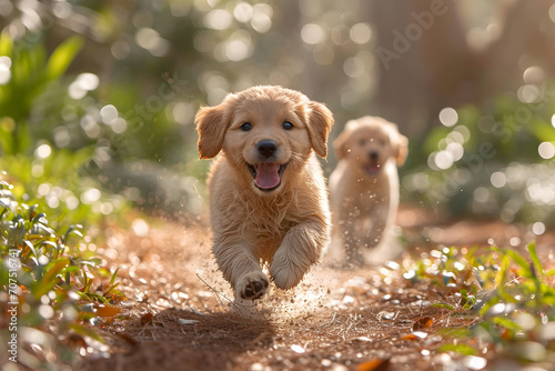 Playful Golden Retriever Puppies Running Along a Path