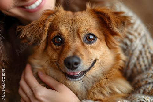 Woman Holding a Brown Dog Smiling