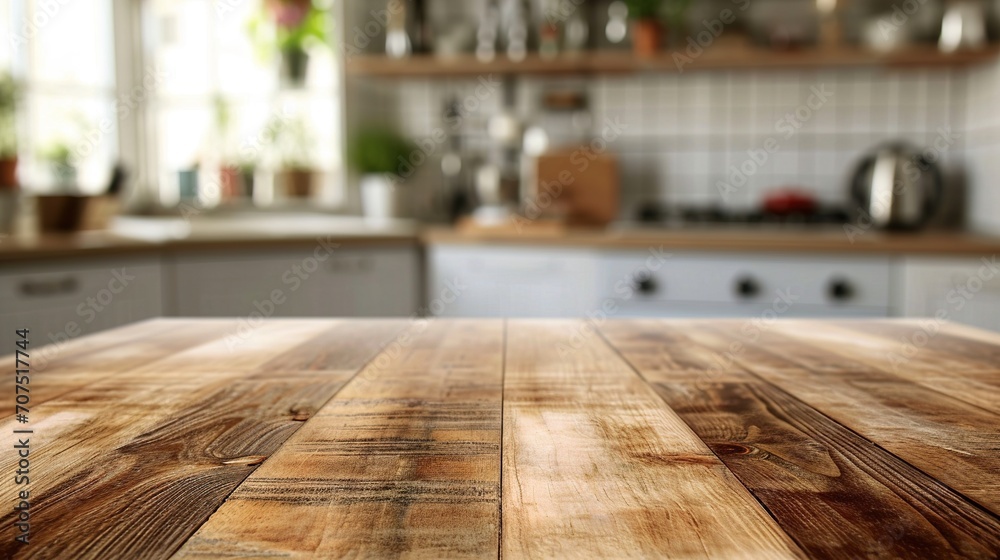 Natural pattern wood table top (or kitchen island) on blur kitchen interior background - can be used for display or montage your products