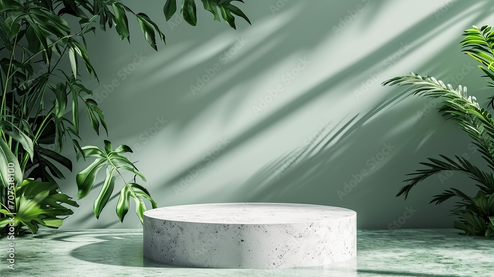Natural stone and concrete podium in Natural green background for Empty show for packaging product presentation. Background for cosmetic products, the scene with green leaves. Mock up the pedestal