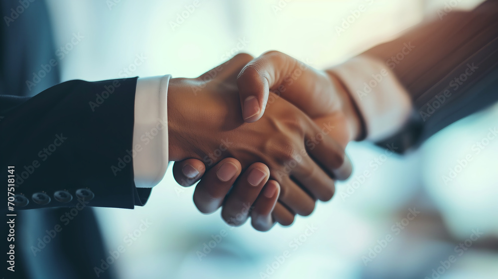 A professional handshake between two diverse business individuals. Close-up perspective